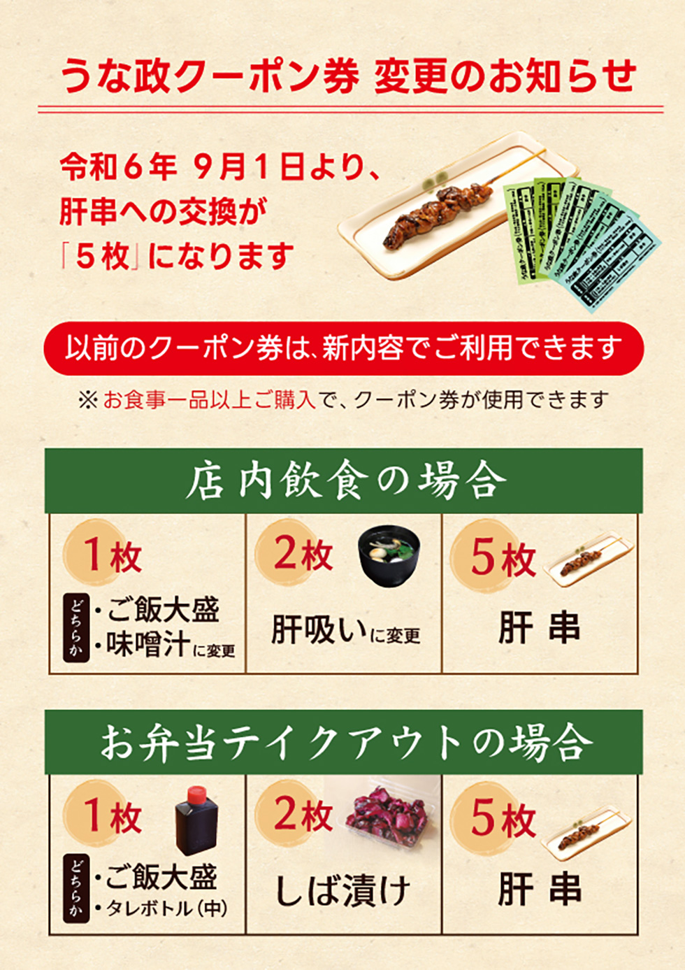 うな政クーポン券 一部内容変更のお知らせ